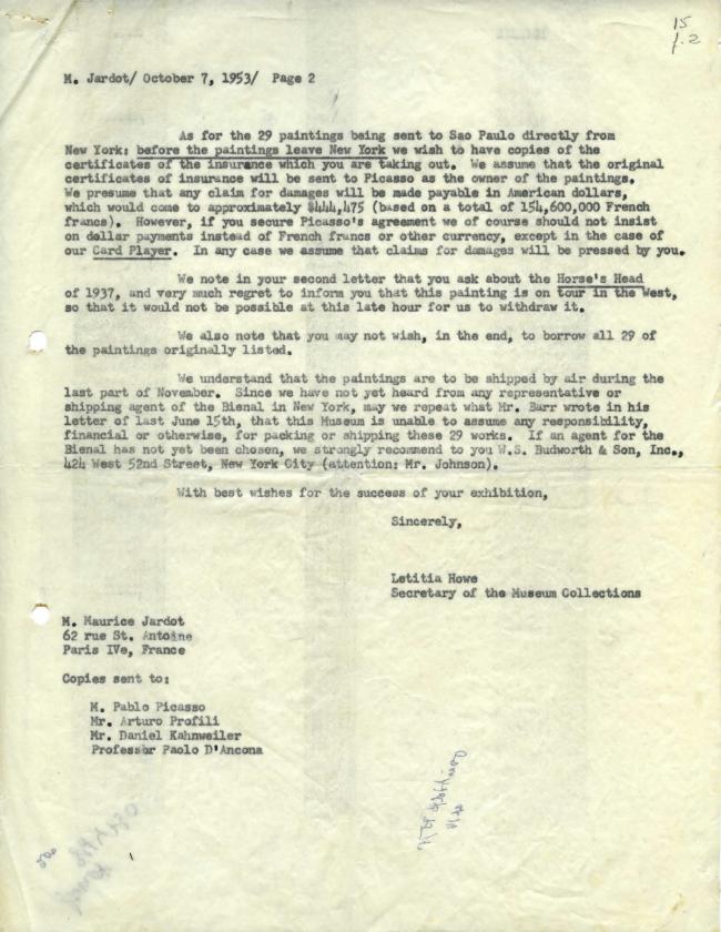 Letitia T. Howe's letter to Maurice Jardot