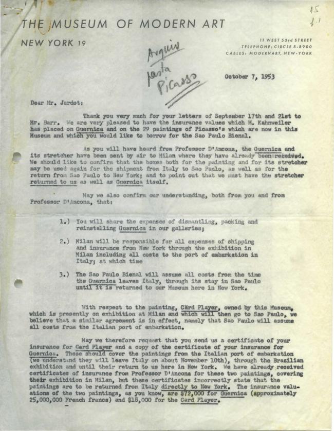 Letitia T. Howe's letter to Maurice Jardot