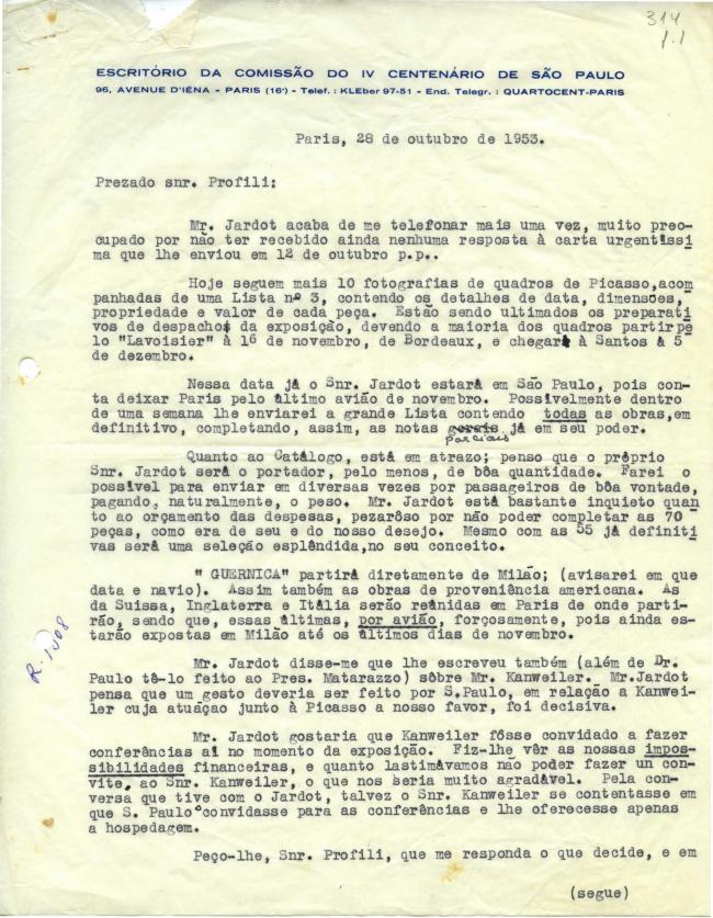 Carta de Maria Oliva Fraga a Arturo Profili del 28 de octubre de 1953