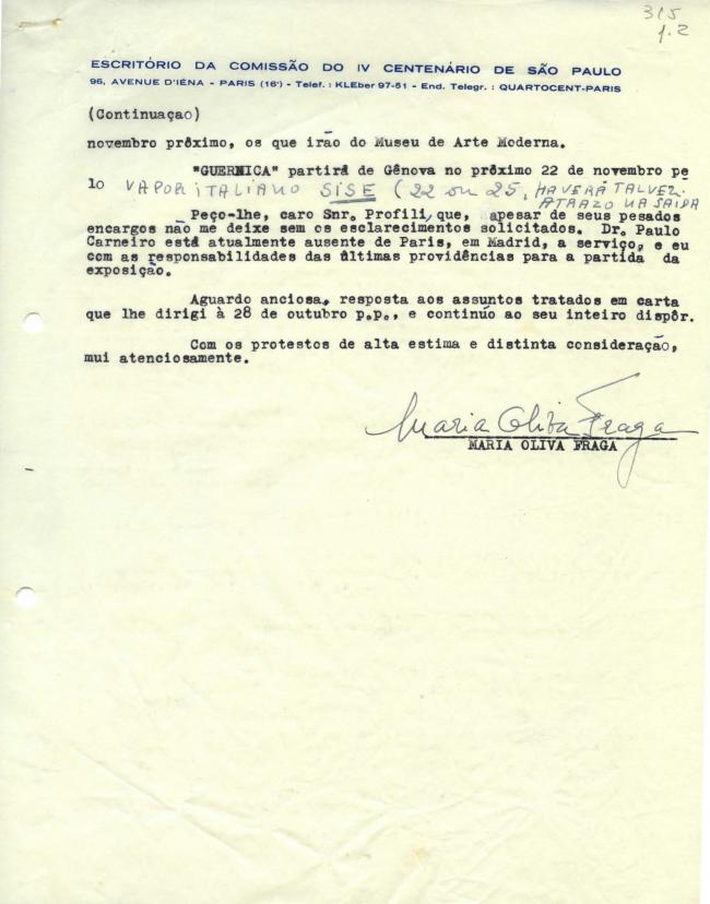 Carta de Maria Oliva Fraga a Arturo Profili del 5 de noviembre de 1953