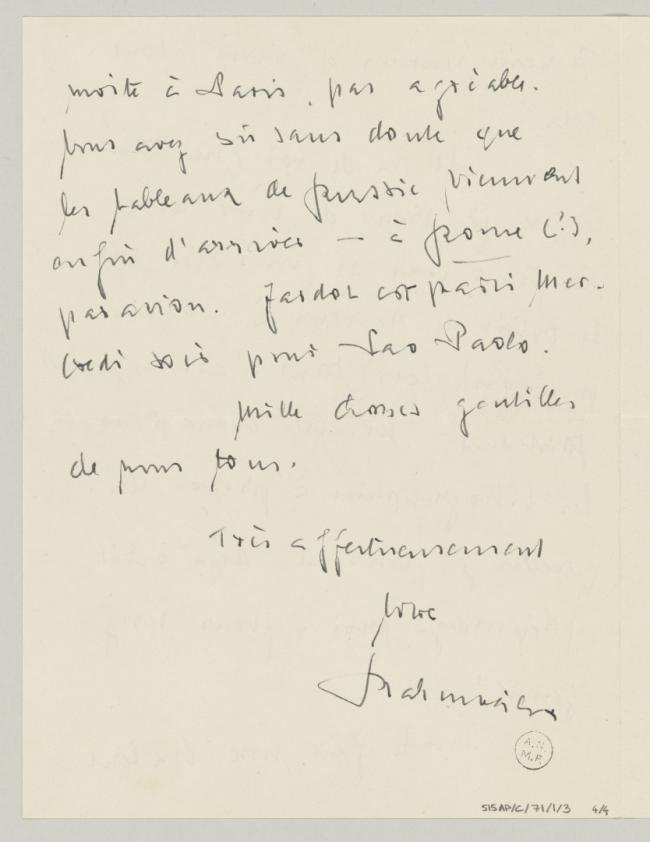 Carta de Daniel-Henry Kahnweiler a Pablo Picasso del 4 de diciembre de 1953