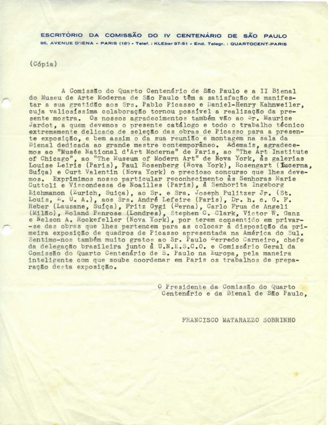 A thank-you note from Francisco Matarazzo Sobrinho