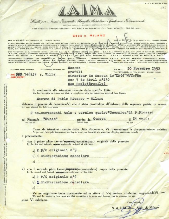 A shipping receipt for Guernica en route to São Paulo