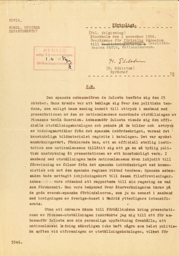 Informe del Ministerio de Asuntos Exteriores sueco sobre el catálogo y la exposición Guernica