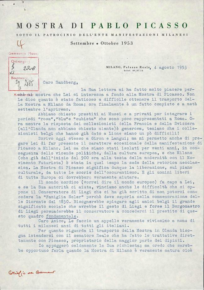 Carta de Fernanda Wittgens a Willem Sandberg del 4 de agosto de 1953