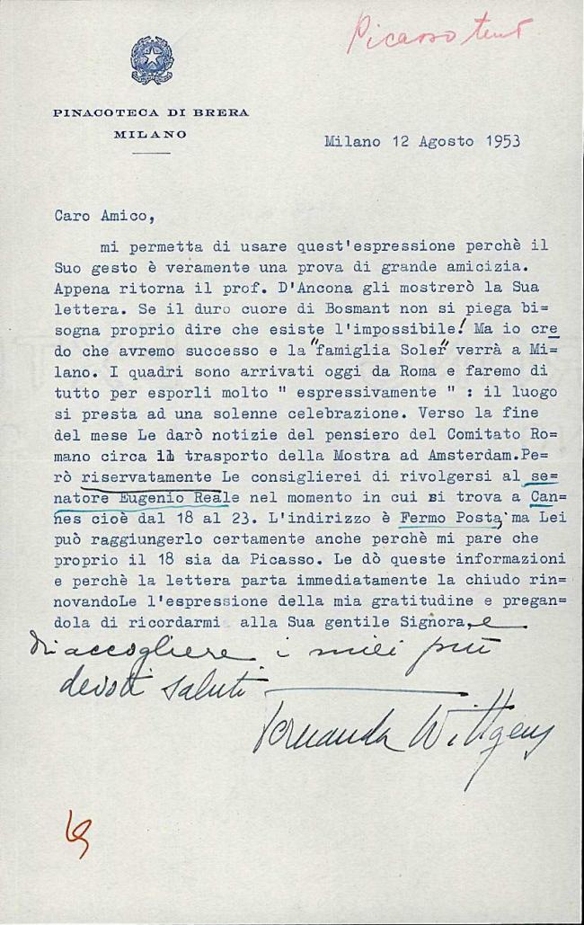 Carta de Fernanda Wittgens a Willem Sandberg del 12 de agosto de 1953