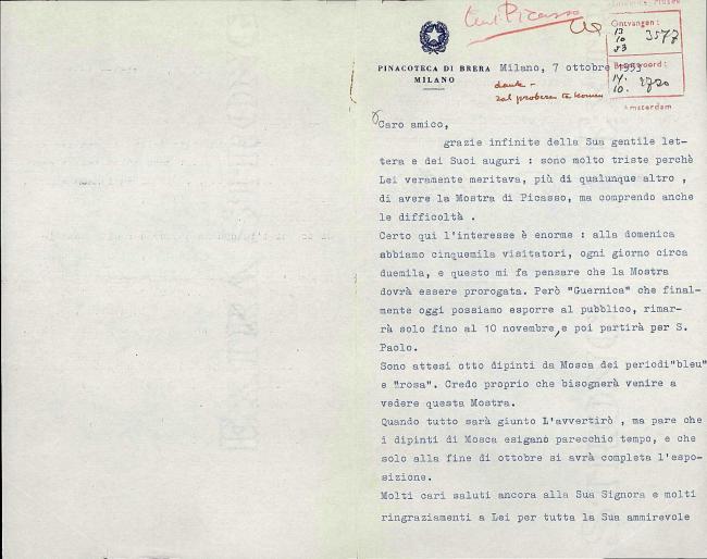 Carta de Fernanda Wittgens a Willem Sandberg del 7 de octubre de 1953