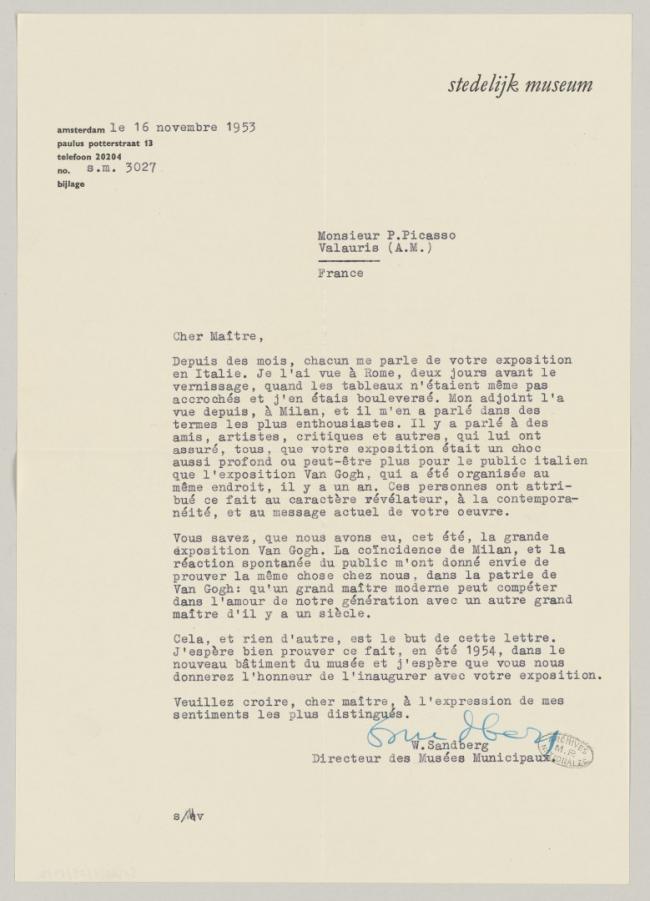 Carta de Willem Sandberg a Pablo Picasso del 16 de noviembre de 1953