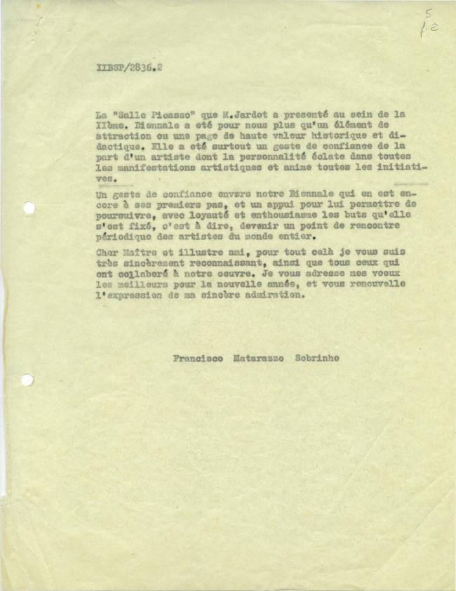 Carta de Francisco Matarazzo Sobrinho a Pablo Picasso del 14 de febrero de 1954