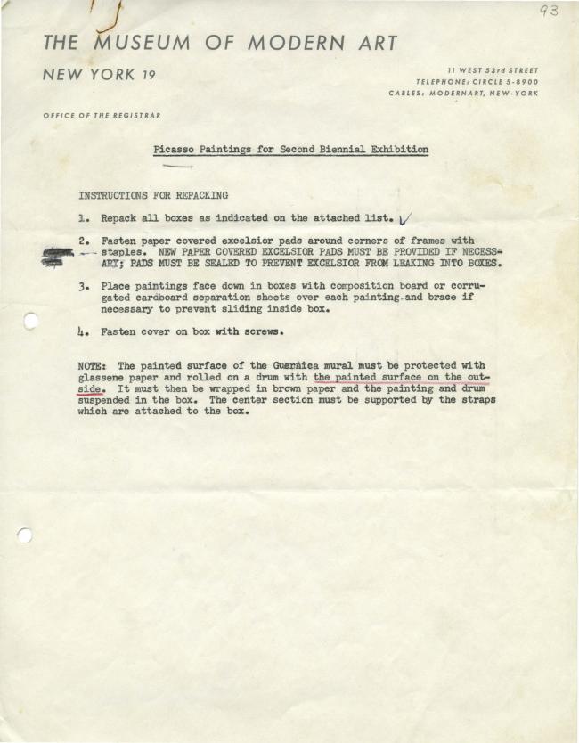Instrucciones de embalaje de Guernica del Museum of Modern Art de Nueva York