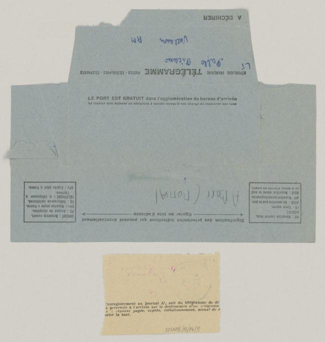 Telegrama de Alfred H. Barr Jr. a Pablo Picasso del 20 de mayo de 1954