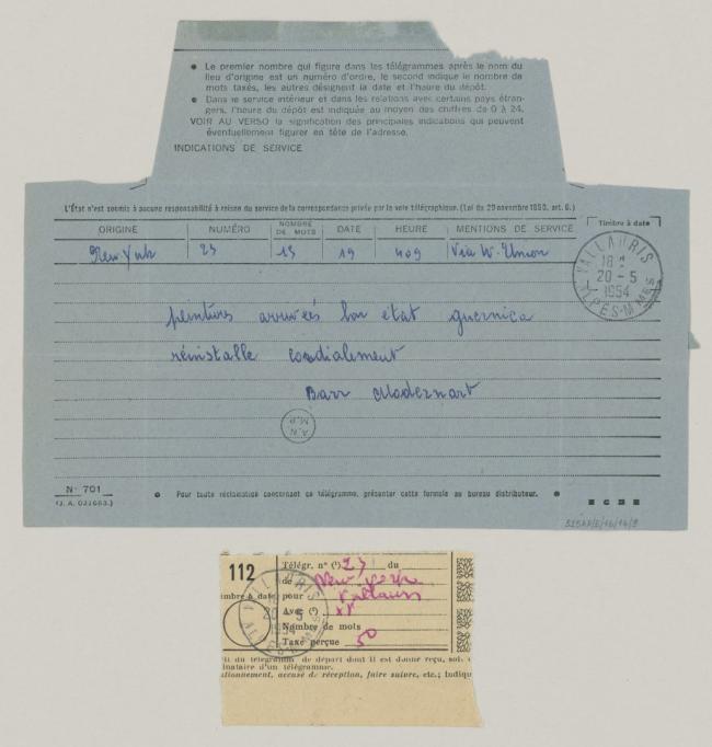Telegrama de Alfred H. Barr Jr. a Pablo Picasso del 20 de mayo de 1954