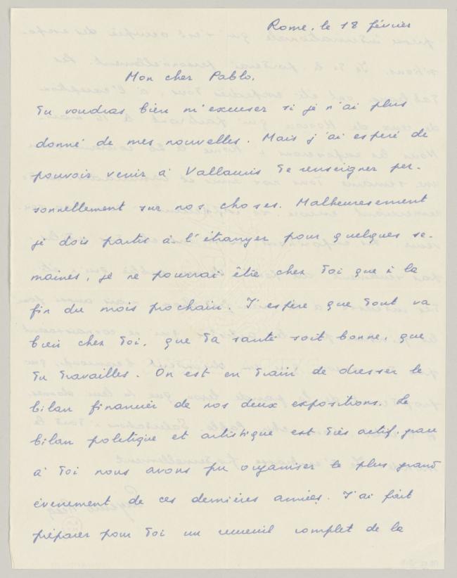 Carta de Eugenio Reale a Pablo Picasso del 18 de febrero de 1954