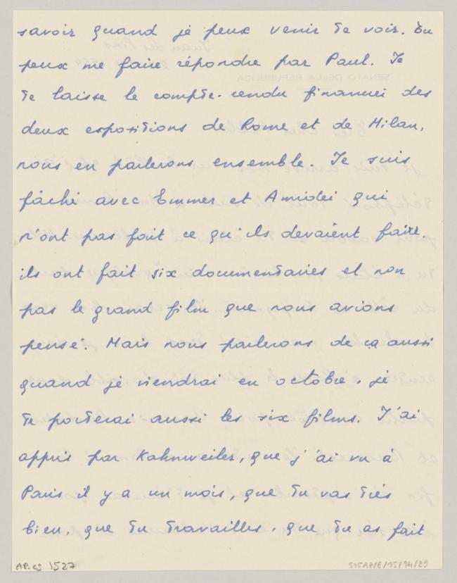 Carta de Eugenio Reale a Pablo Picasso del 24 de agosto de 1954
