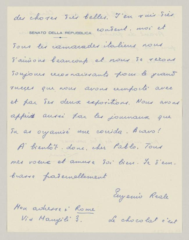 Carta de Eugenio Reale a Pablo Picasso del 24 de agosto de 1954