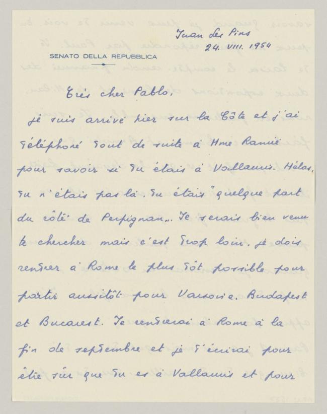Carta de Eugenio Reale a Pablo Picasso del 24 de agosto de 1954