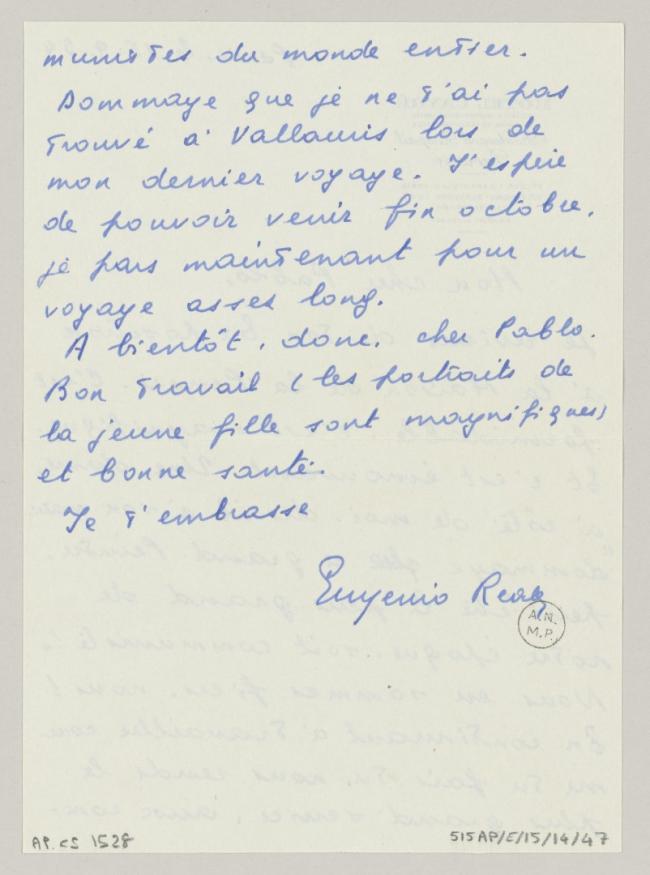 Carta de Eugenio Reale a Pablo Picasso del 15 de septiembre de 1954