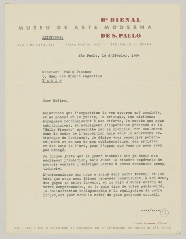 Carta de Francisco Matarazzo Sobrinho a Pablo Picasso del 4 de febrero de 1954