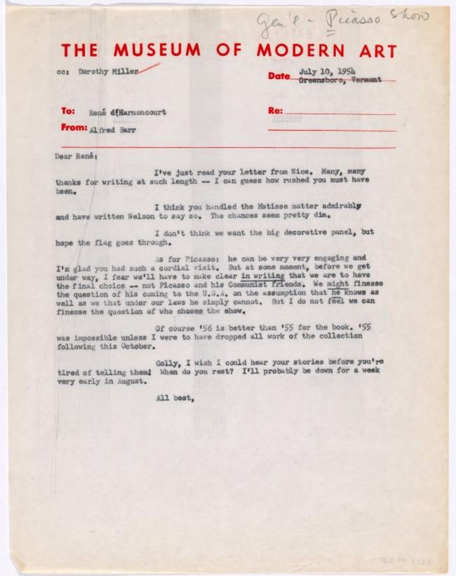 Carta de Alfred H. Barr Jr. a René d'Harnoncourt del 10 de julio de 1954