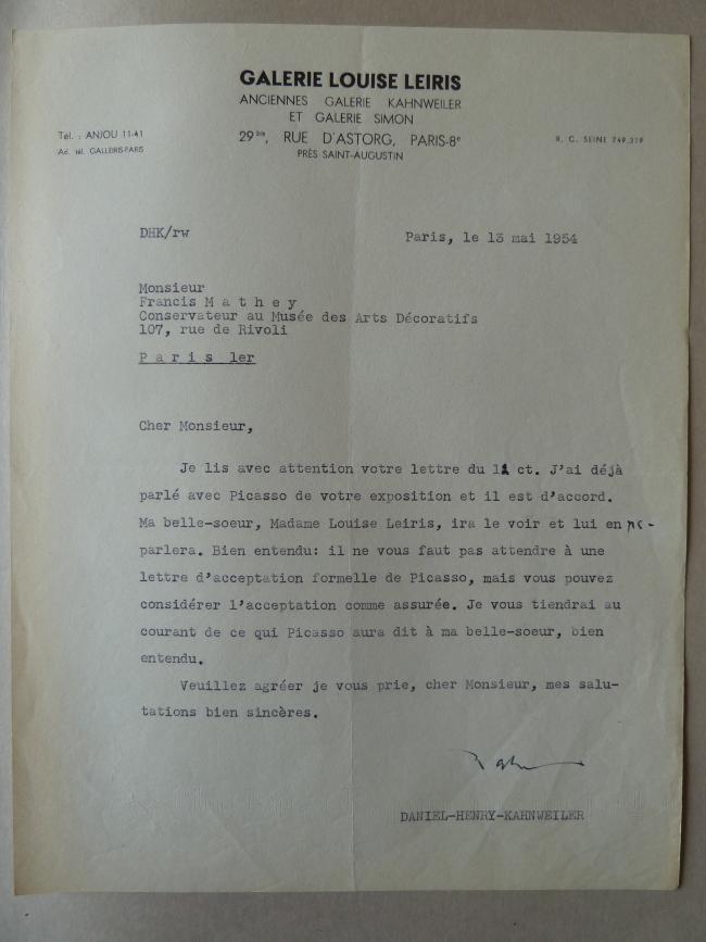 Carta de Daniel-Henry Kahnweiler a François Mathey