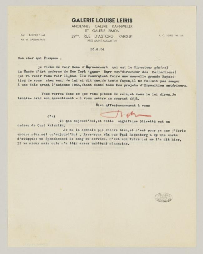 Carta de Daniel-Henry Kahnweiler a Pablo Picasso del 25 de junio de 1954