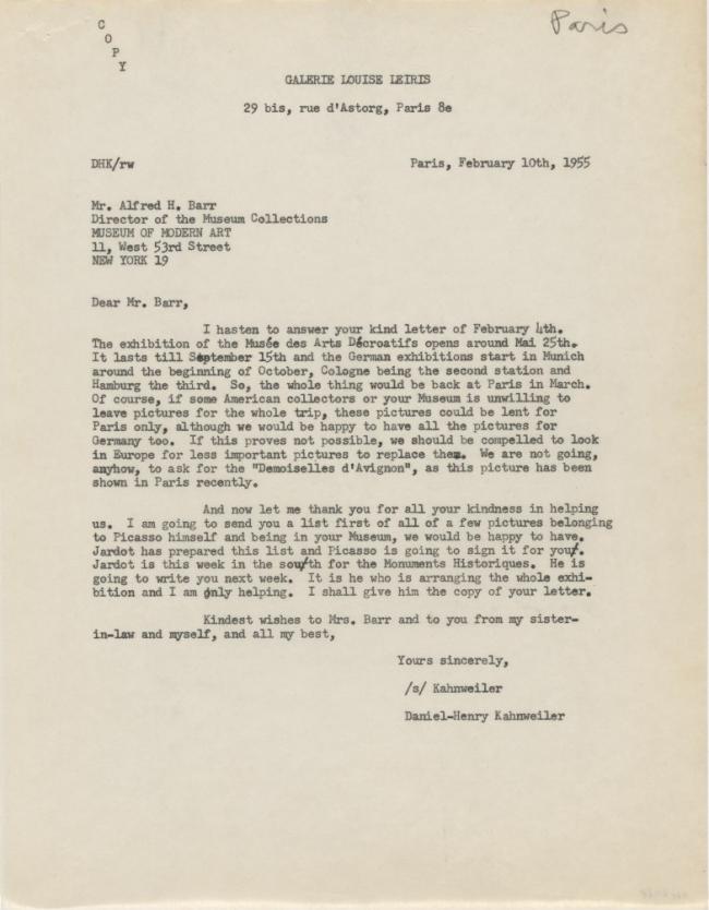 Carta de Daniel-Henry Kahnweiler a Alfred H. Barr Jr. del 10 de febrero de 1955