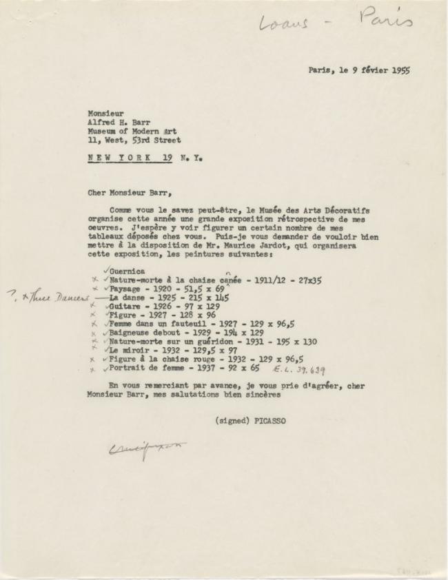 Pablo Picasso's letter to Alfred H. Barr Jr., dated 9 February 1955