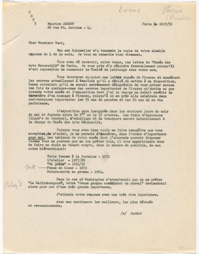 Maurice Jardot's letter to Alfred H. Barr Jr.