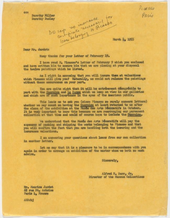 Carta de Alfred H. Barr Jr. a Maurice Jardot del 4 de marzo de 1955
