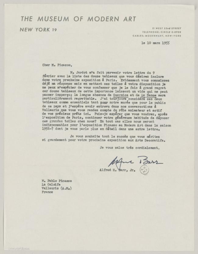 Alfred H. Barr Jr.'s letter to Pablo Picasso, dated 10 March 1955