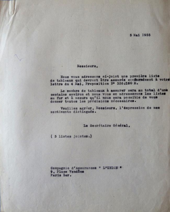 A letter from the general secretary of Les Arts Décoratifs to the insurance company L'Union