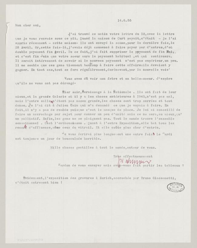 Carta de Daniel-Henry Kahnweiler a Pablo Picasso del 14 de junio de 1956