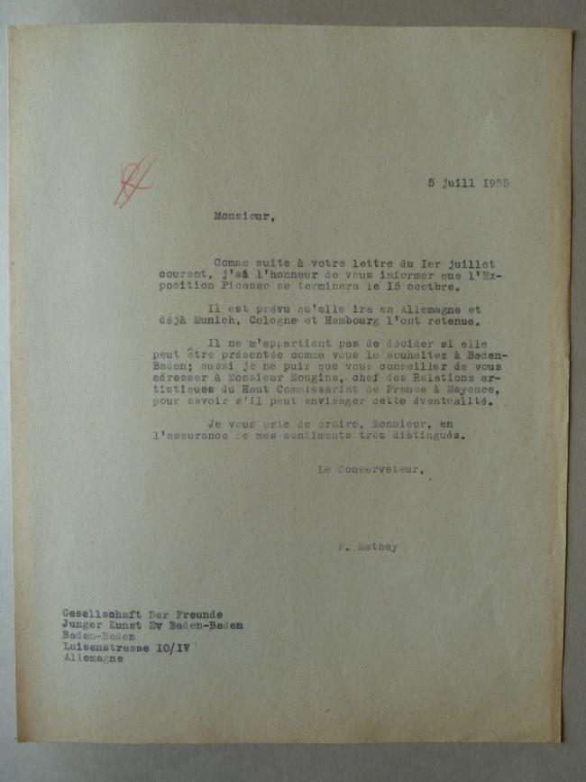 Carta de François Mathey al director del Gesellschaft der Freunde junger Kunst Baden-Baden