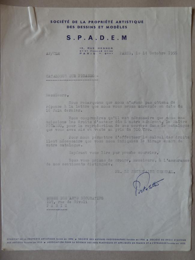 A letter from the Société de la Propriété Artistique et des Dessins et Modèles (S.P.A.D.E.M.) to the Musée des Arts Décoratifs 