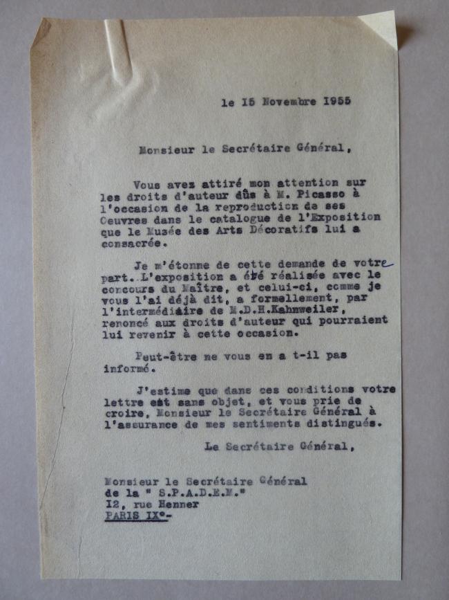 Carta del Secretario General del Musée des Arts Décoratifs a la Société de la Propriété Artistique et des Dessins et Modèles (S.P.A.D.E.M.)