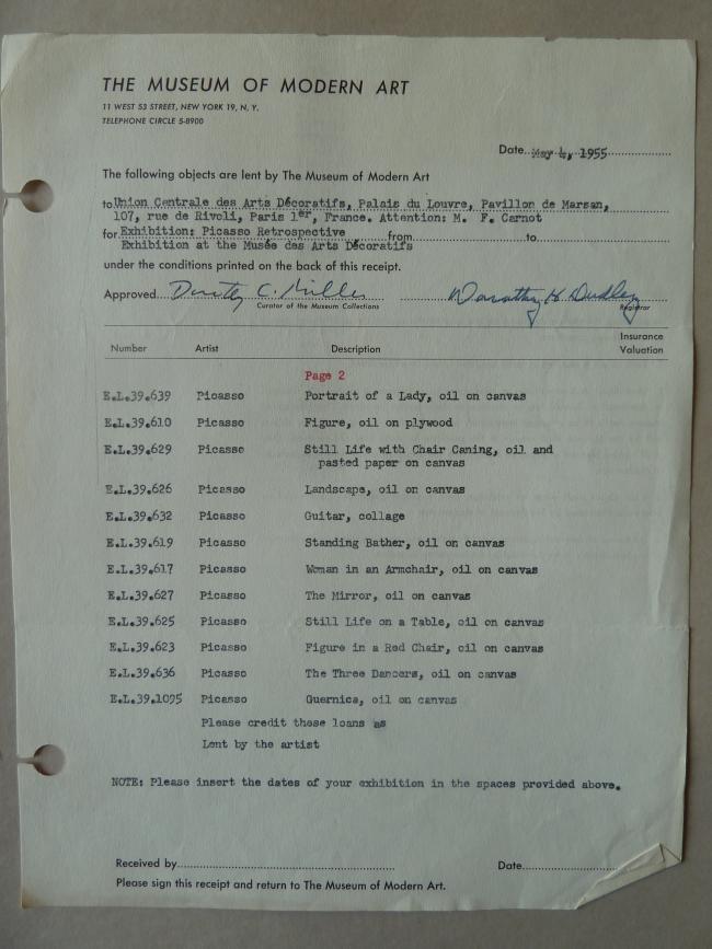 Contrato y obras prestadas por el Museum of Modern Art de Nueva York para la exposición del Musée des Arts Décoratifs París