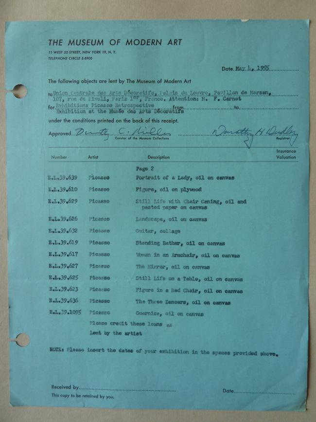 Contrato y obras prestadas por el Museum of Modern Art de Nueva York para la exposición del Musée des Arts Décoratifs París