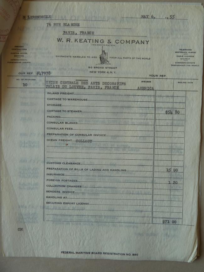 Carta de W.R.Keating & Company International a R. Lerondelle