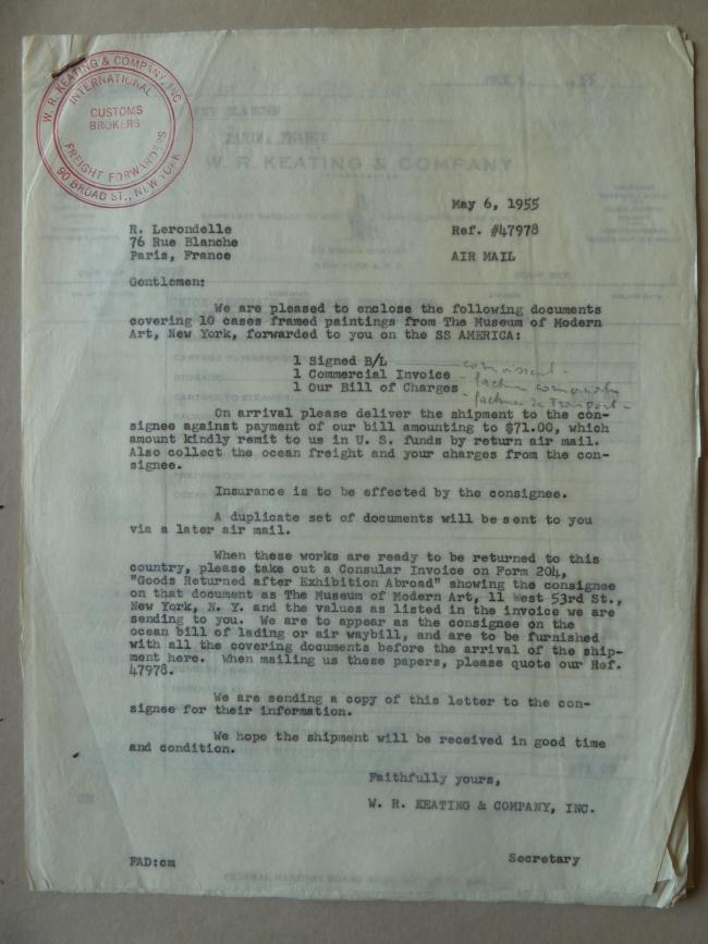 Carta de W.R.Keating & Company International a R. Lerondelle