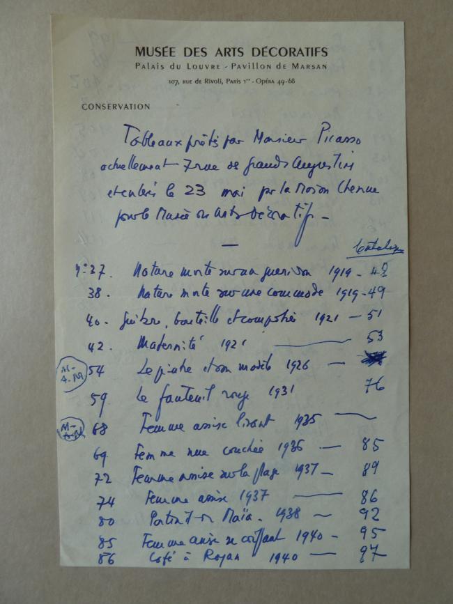Listado de obras de Picasso recogida en su casa de la rue des Grands-Augustins de París