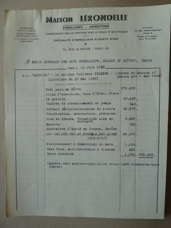 Factura de R. Lerondelle por la entrega de las obras llegadas de Nueva York