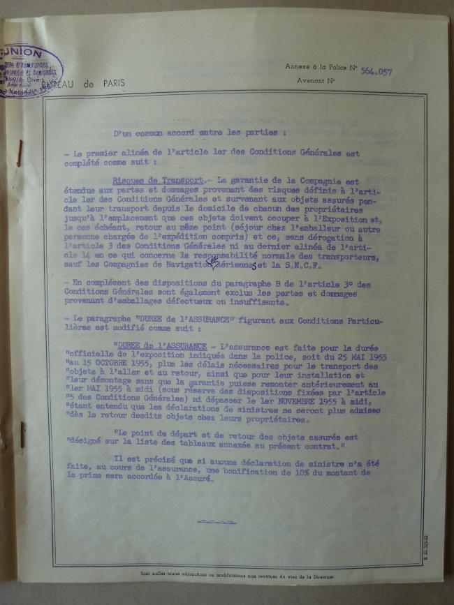 The insurance contract and list of prices for the works insured and sent to the Musée des Arts Décoratifs, Paris