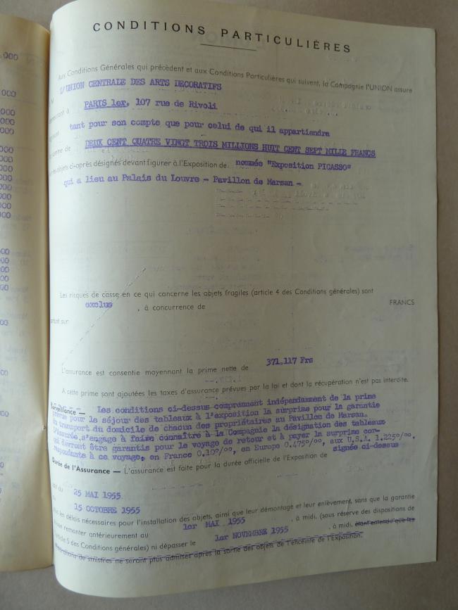 The insurance contract and list of prices for the works insured and sent to the Musée des Arts Décoratifs, Paris