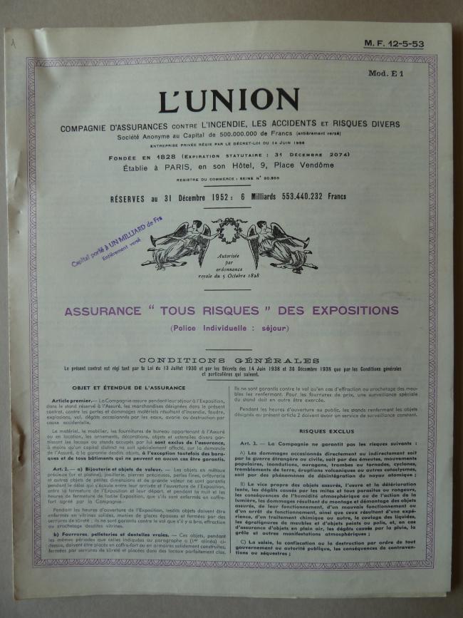 The insurance contract and list of prices for the works insured and sent to the Musée des Arts Décoratifs, Paris