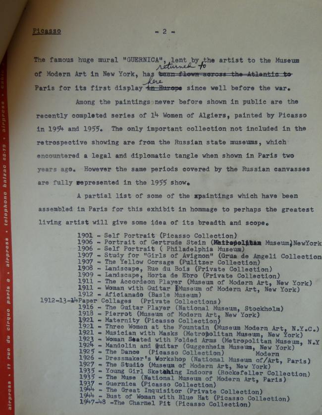 Nota de prensa sobre la inauguración de la exposición Picasso del Musée des Arts Décoratifs de París