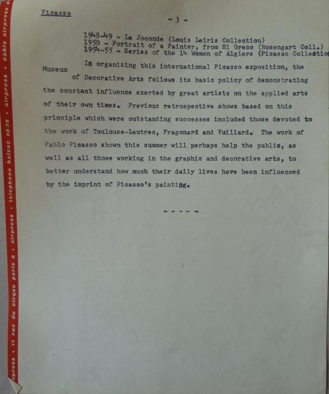Nota de prensa sobre la inauguración de la exposición Picasso del Musée des Arts Décoratifs de París