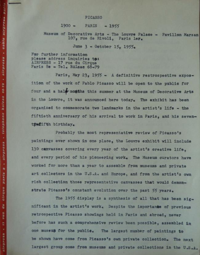 Nota de prensa sobre la inauguración de la exposición Picasso del Musée des Arts Décoratifs de París