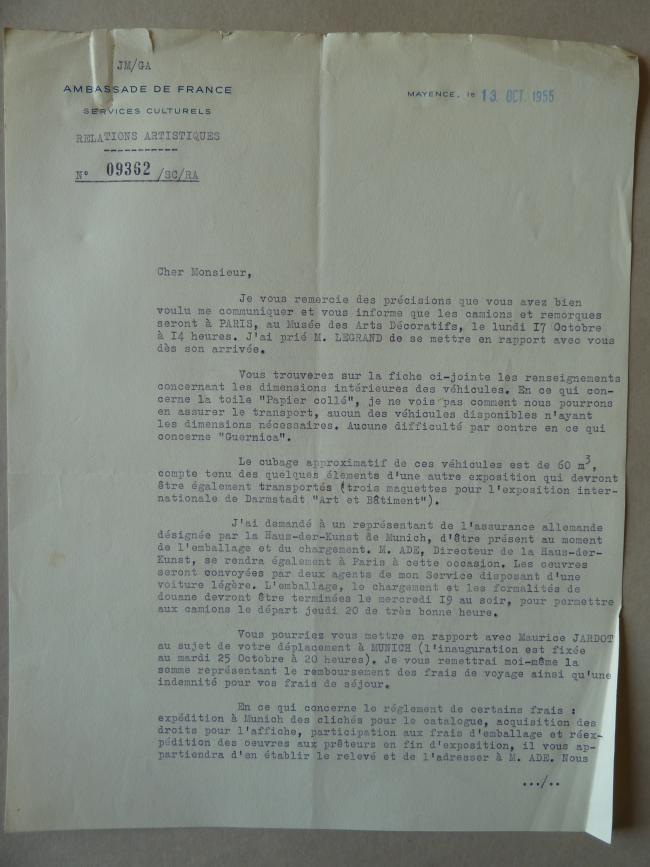 Carta de J. Mougin a François Mathey del 13 de octubre de 1955