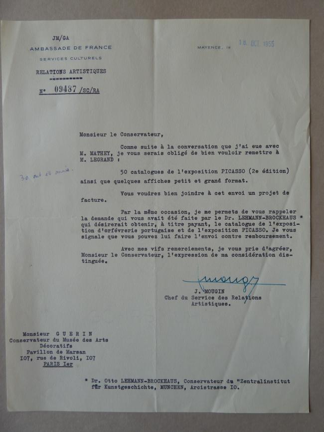 Carta de J. Mougin a Jacques Guerin del 18 de octubre de 1955