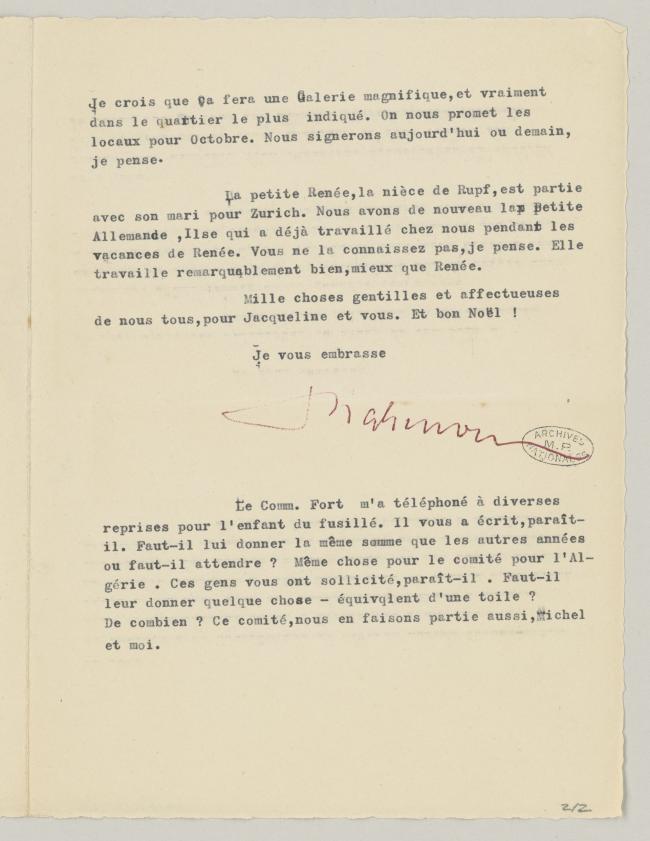 Daniel-Henry Kahnweiler's letter to Pablo Picasso, dated 21 December 1955